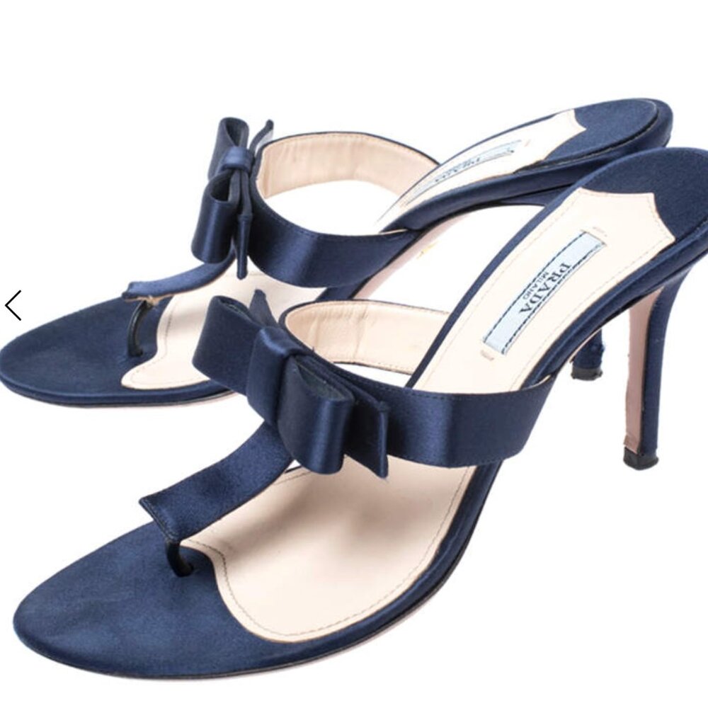 Prada Blue Satin Fuoco Bow Thong Sandals Size 39